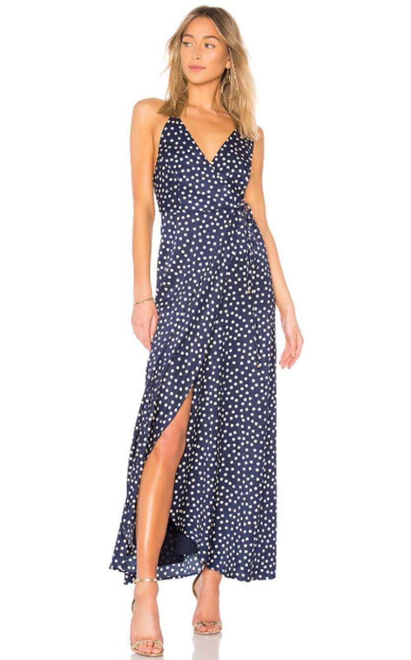 Heartloom Grace Polka Dot Wrap Dress Spaghetti Strap Criss-Cross Maxi Navy Blue